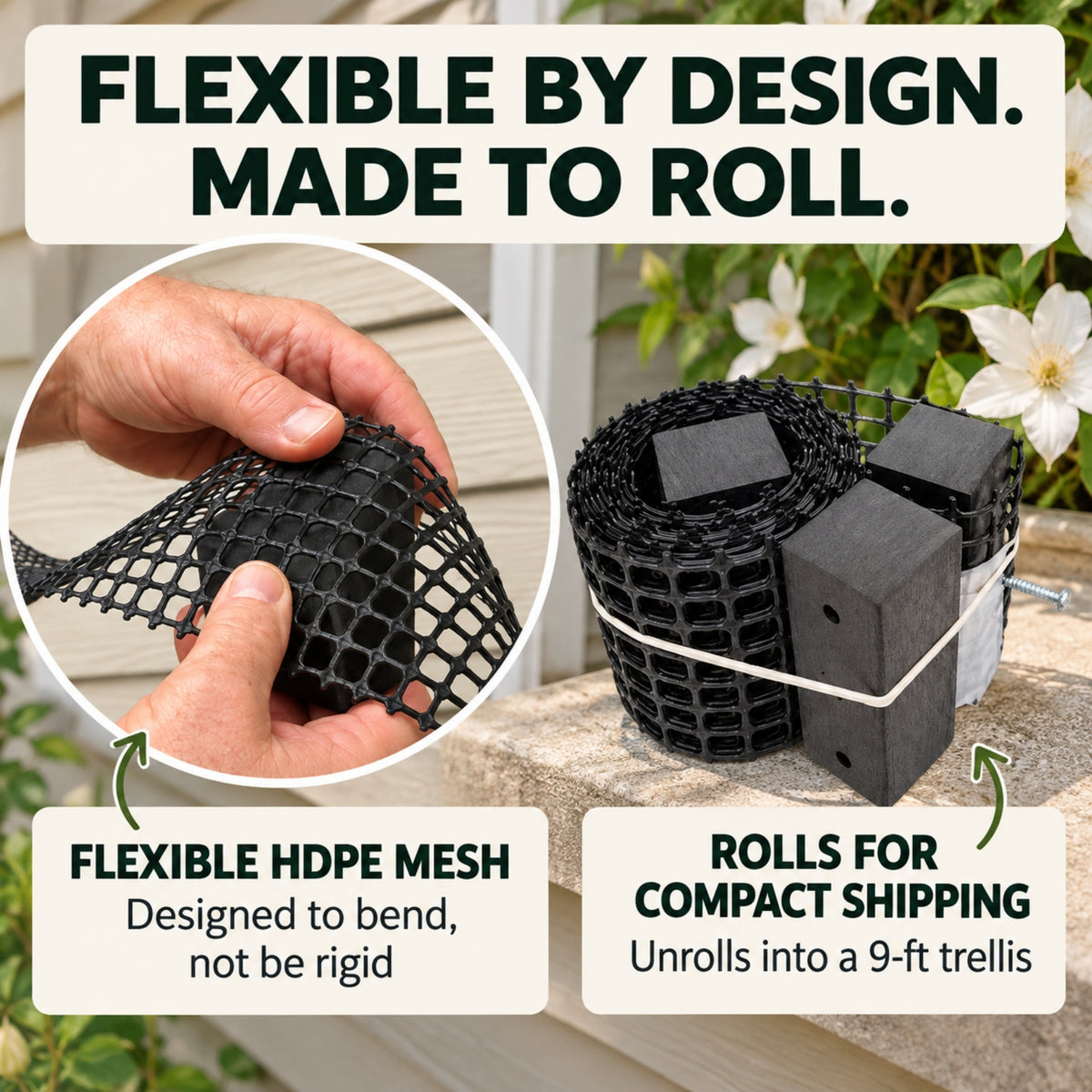 Flexible black HDPE trellis mesh shown bending by hand and rolled compactly with mounting brackets for shipping.