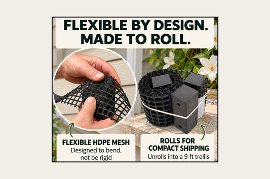 Flexible black HDPE Scroll Trellis mesh rolled for compact shipping before unrolling into a 9-foot trellis.