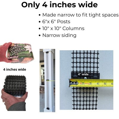 Scroll Trellis shown beside common deck posts to demonstrate its slim 4-inch width for narrow gardening spaces.
