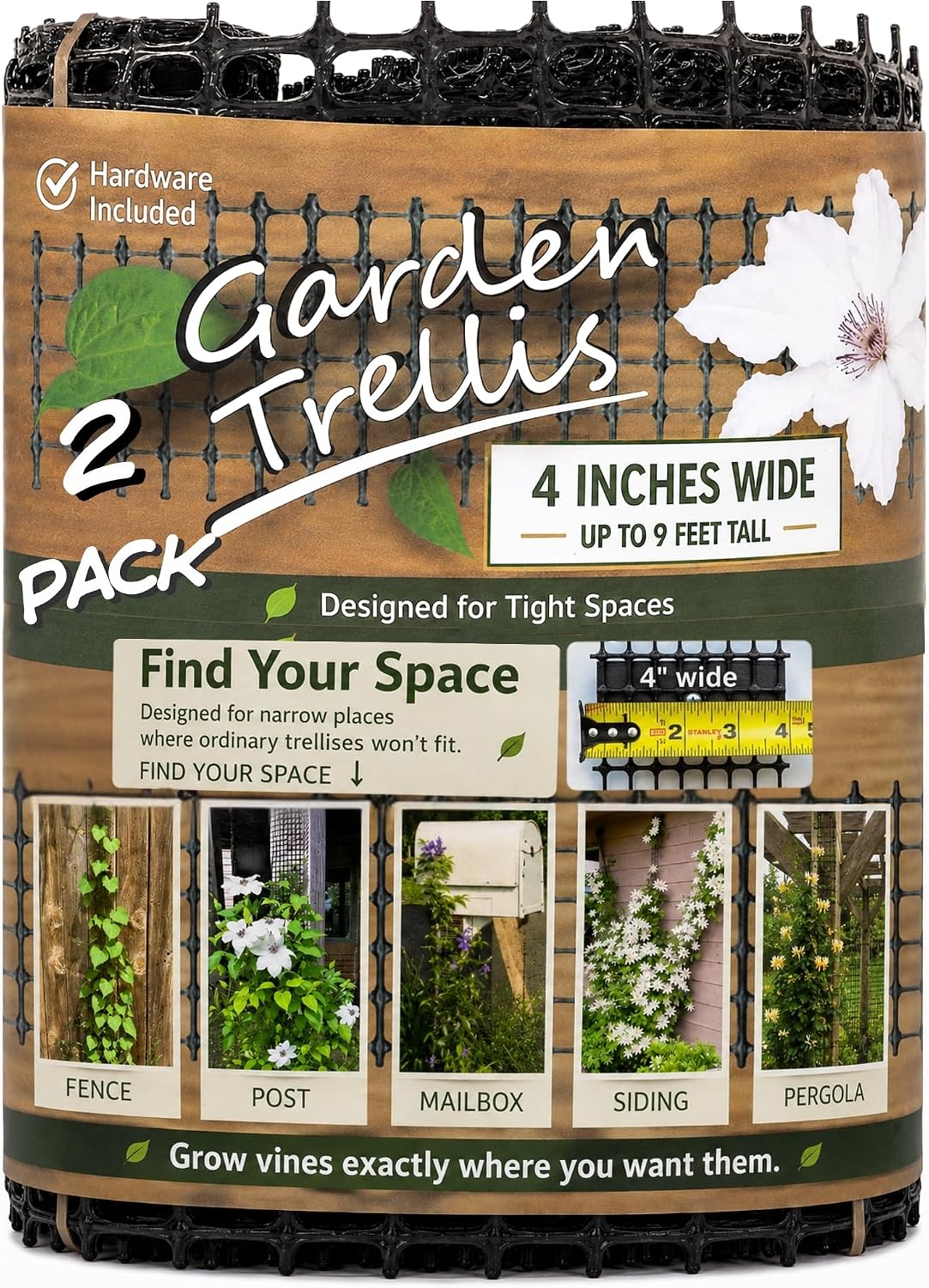 Narrow Trellis for Clematis and Climbing Plants, 9 ft Tall x 4 in Wide, for Deck Posts, Mailbox Posts and Porch Columns