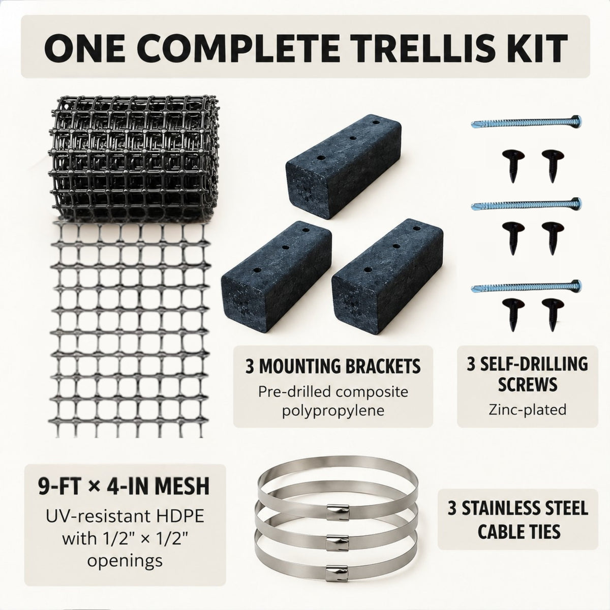 Downspout trellis kit with 9-foot by 4-inch black HDPE mesh, three composite brackets, screws and stainless steel cable ties.