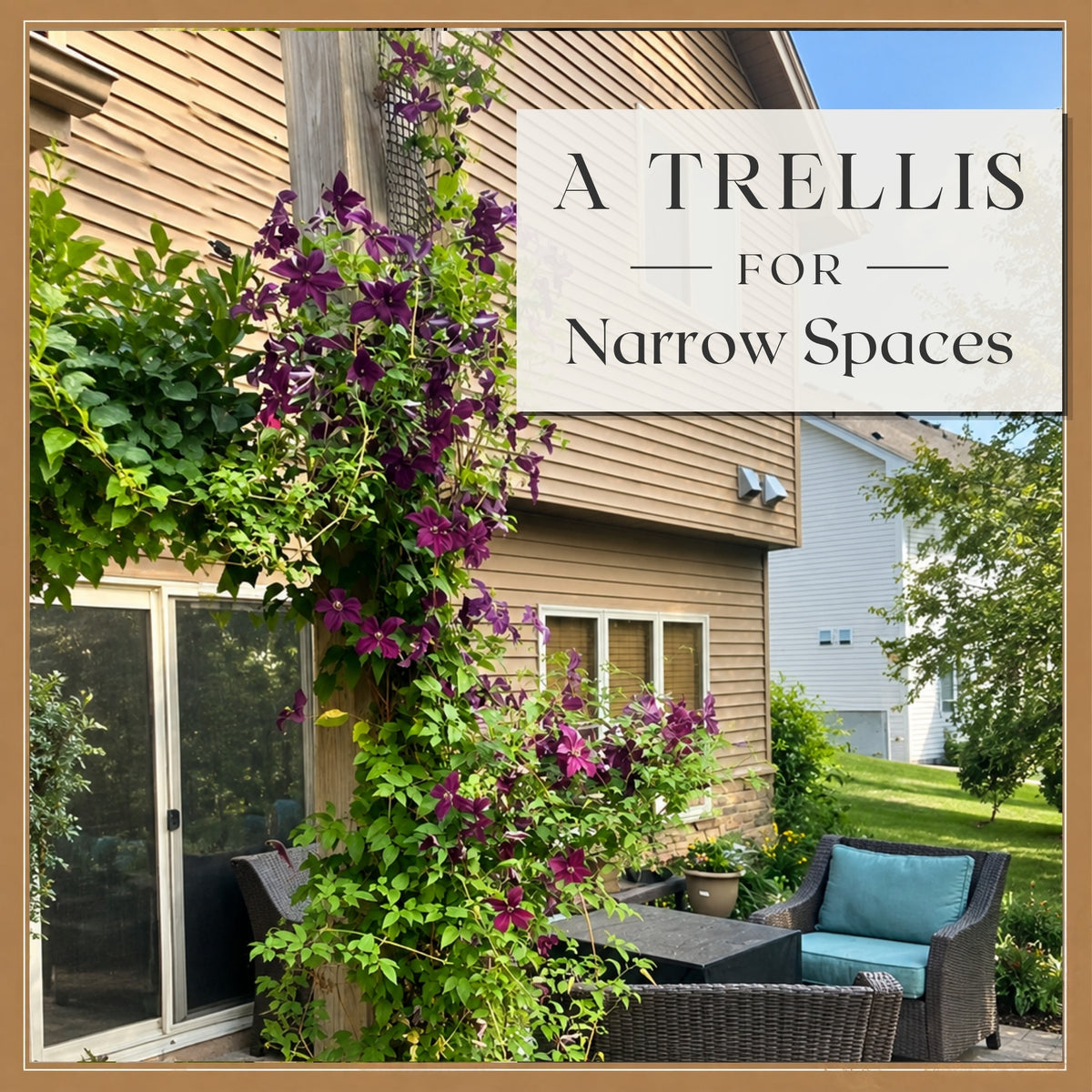 Purple clematis climbing a narrow Scroll Trellis on a wooden patio post beside an outdoor seating area.