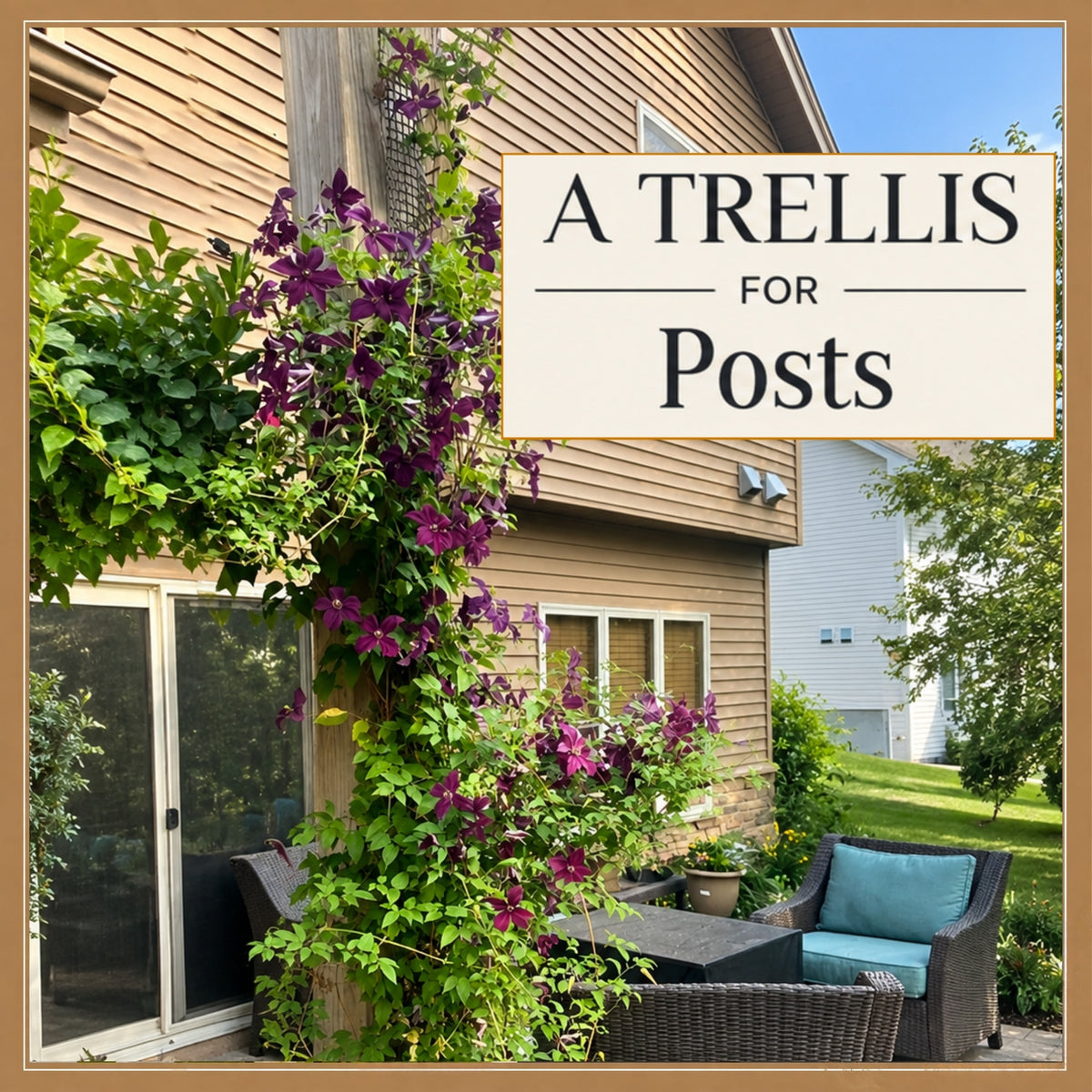 Purple clematis climbing a narrow Scroll Trellis on a wooden patio post beside an outdoor seating area.