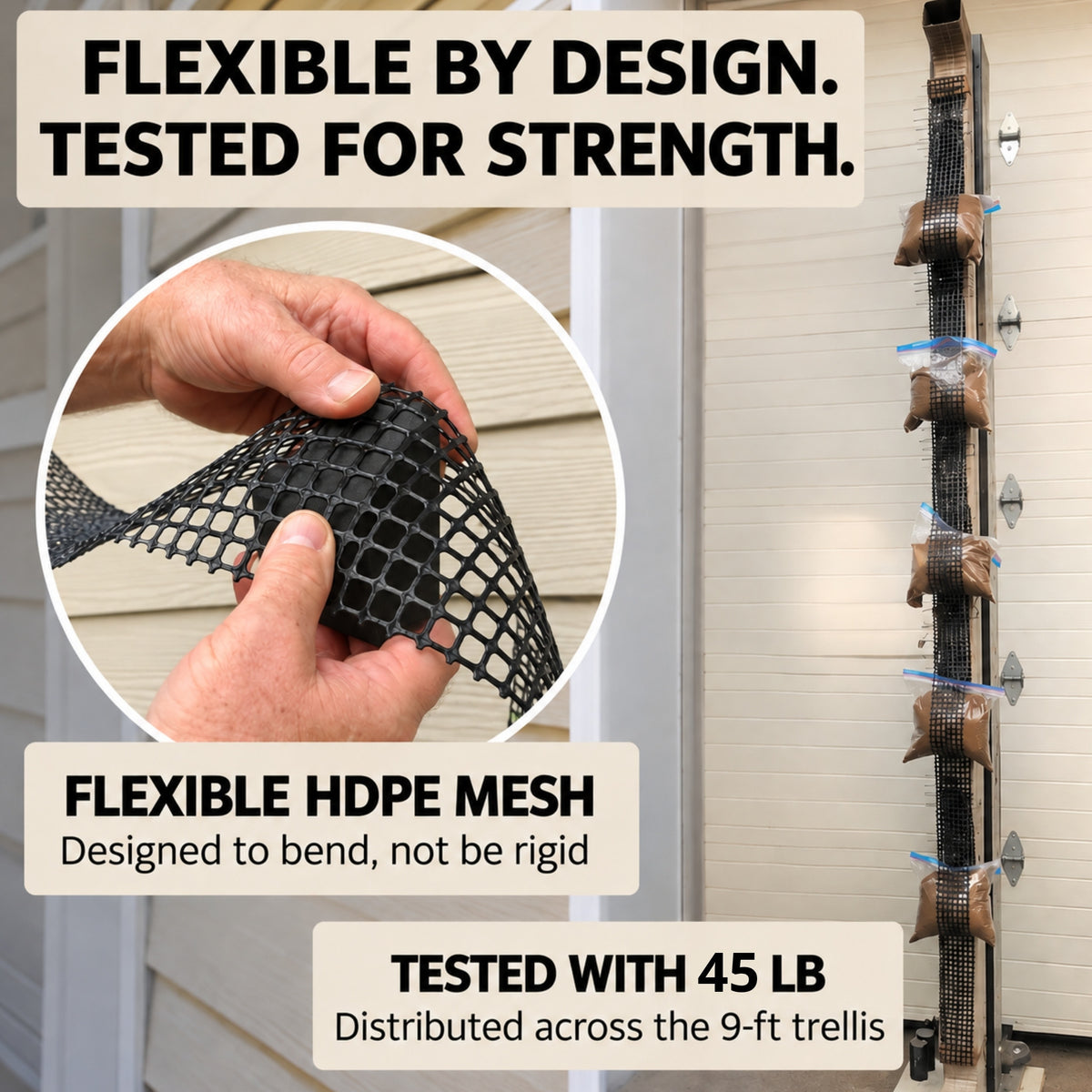 Flexible black HDPE trellis mesh bending by hand and supporting a 45-pound distributed load test.
