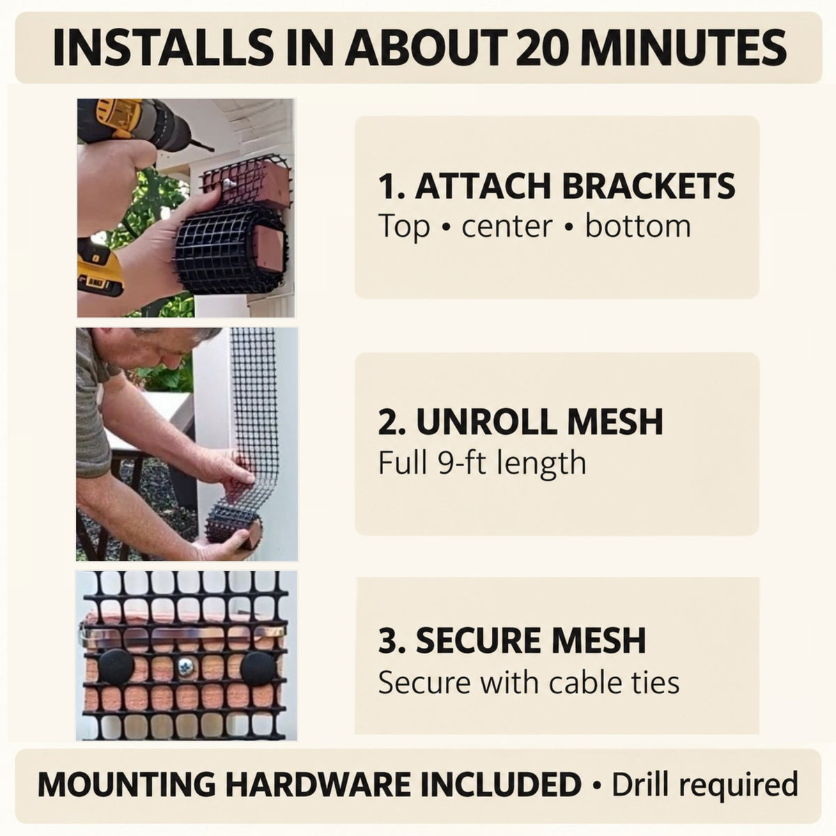 Three-step installation of a black mesh downspout trellis: attach brackets, unroll mesh and secure the trellis.