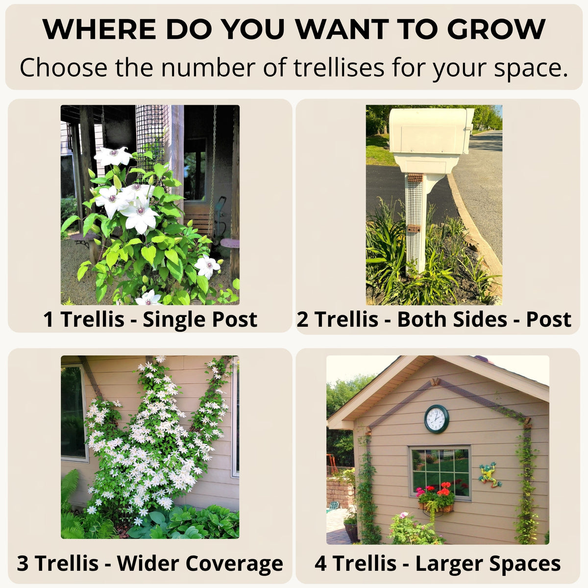 Four garden examples showing how one, two, three, or four narrow trellises can provide climbing plant support in different spaces, posts and wall siding.
