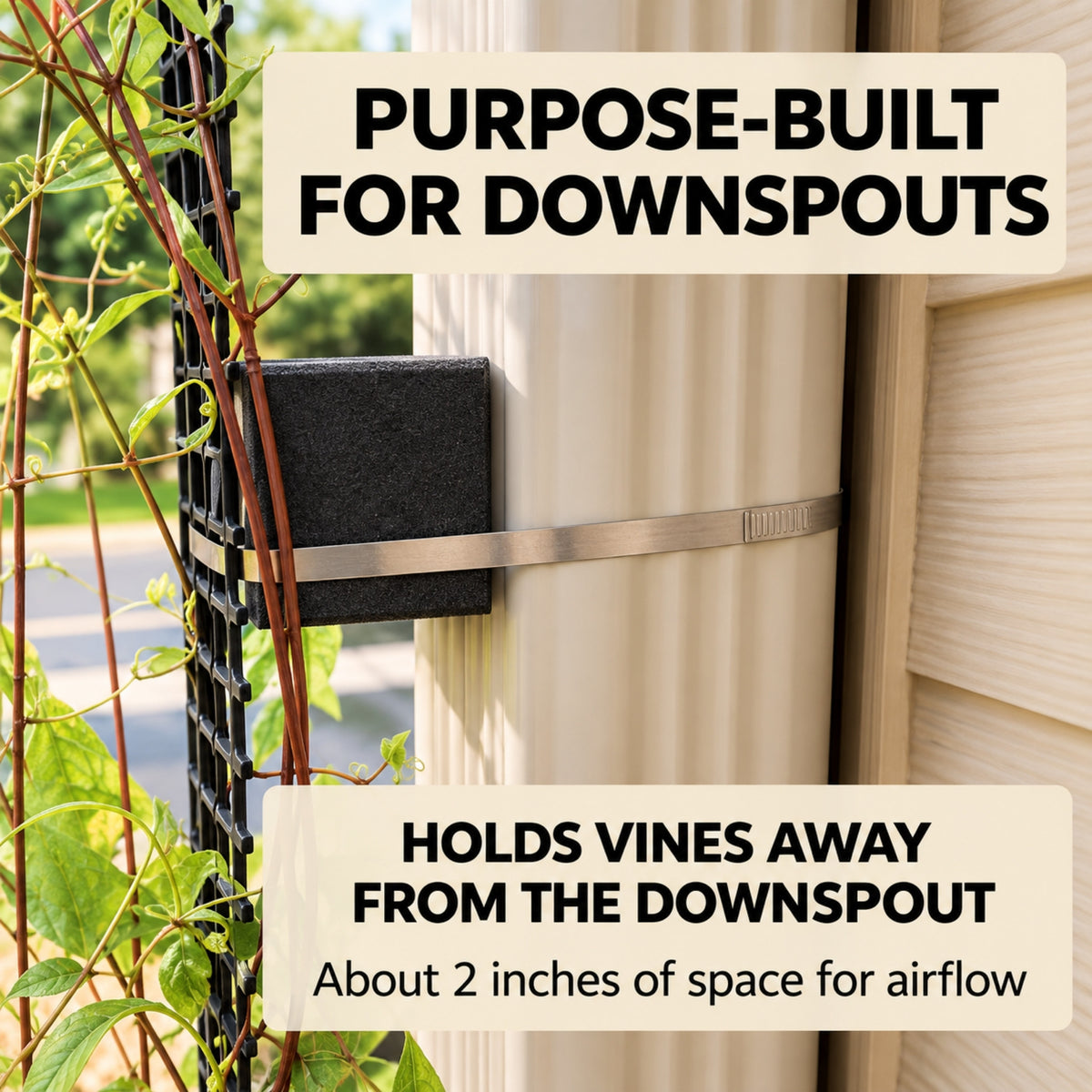 Black composite bracket holding the trellis mesh about 2 inches away from the downspout for airflow.