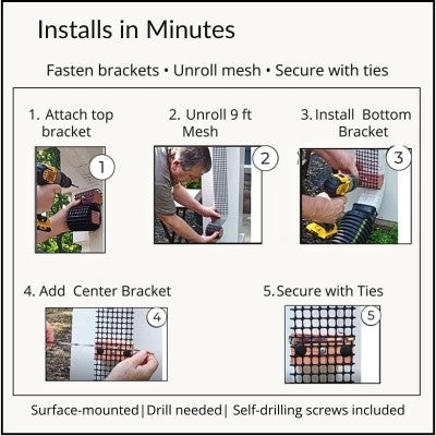 Five-step installation showing how to mount the Scroll Trellis to a residential downspout.