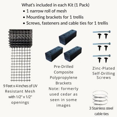 Scroll Trellis Downspout Trellis kit with HDPE mesh, composite mounting brackets, screws, and stainless steel cable ties.