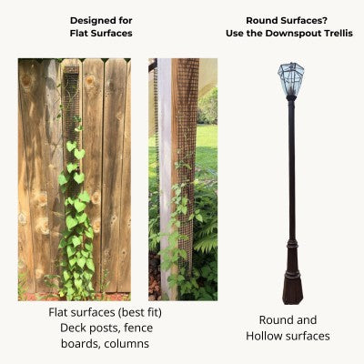 Scroll Trellis installed on deck posts, porch columns, fences, and other flat surfaces for climbing vines.