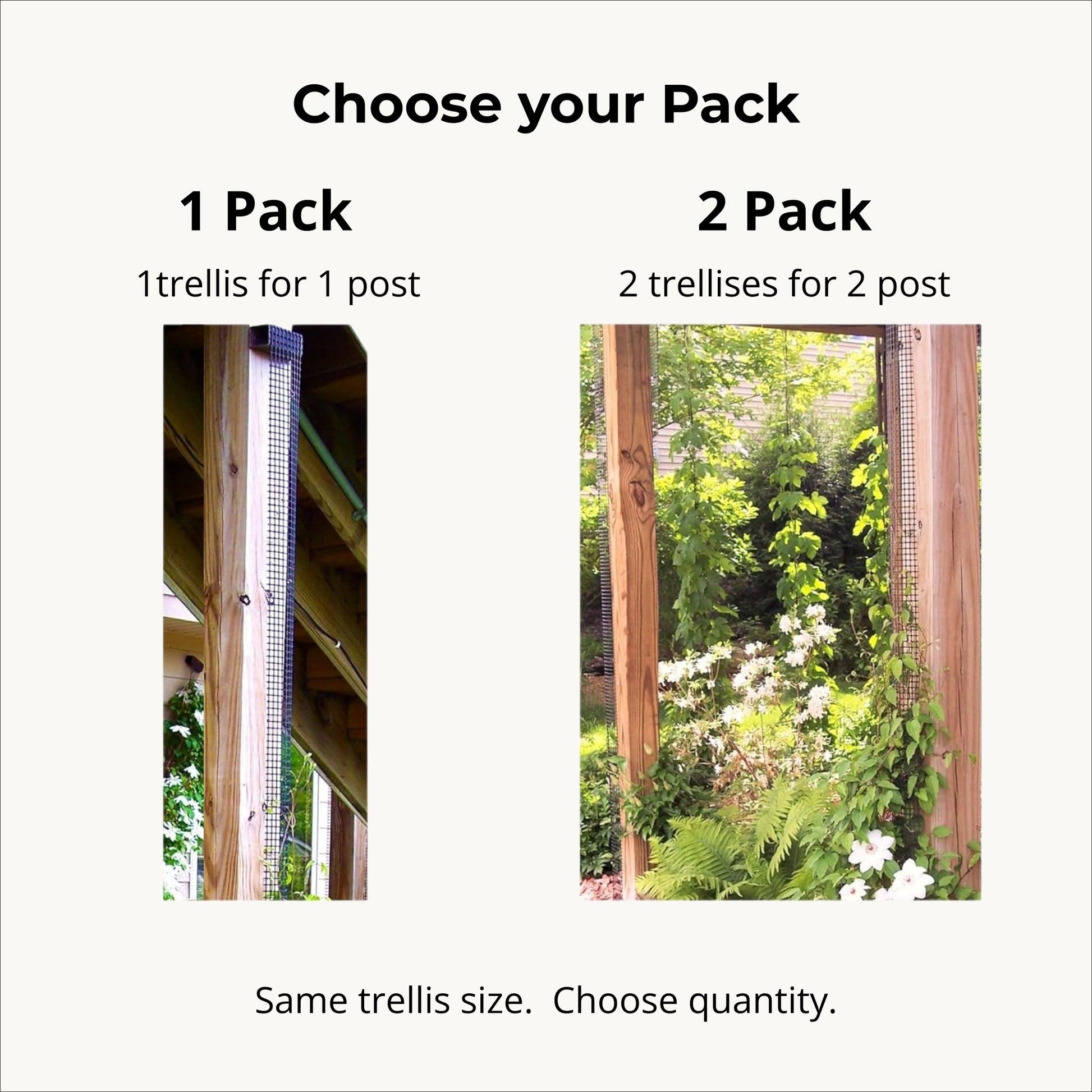 Choose your pack graphic showing one narrow trellis for one post or two trellises for two posts