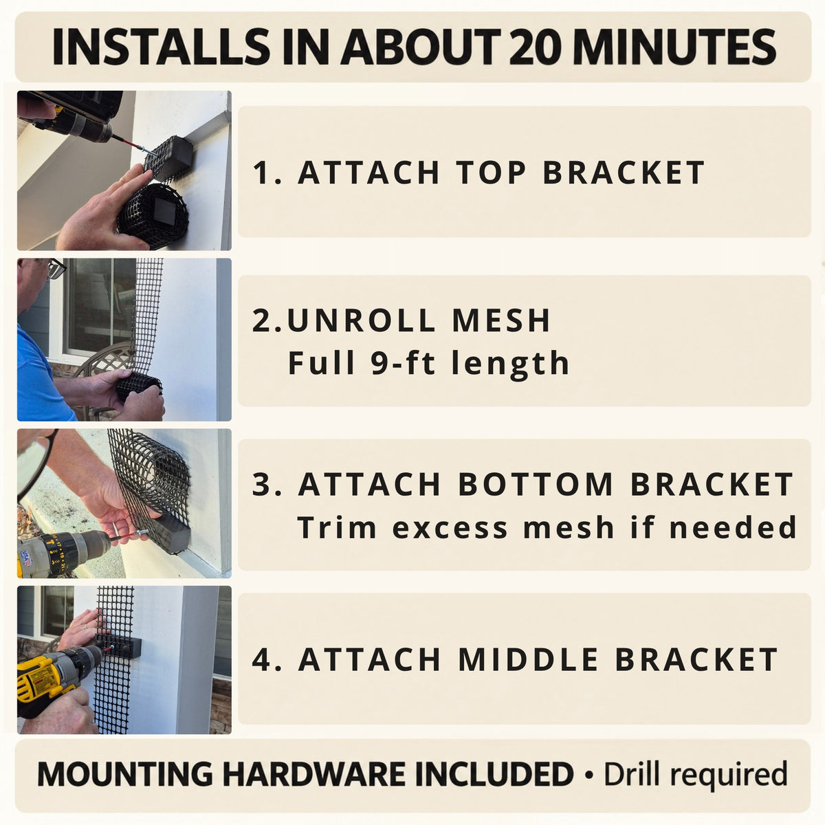 Four-step installation guide showing how to attach brackets, unroll the narrow mesh trellis, and secure it to a flat surface.
