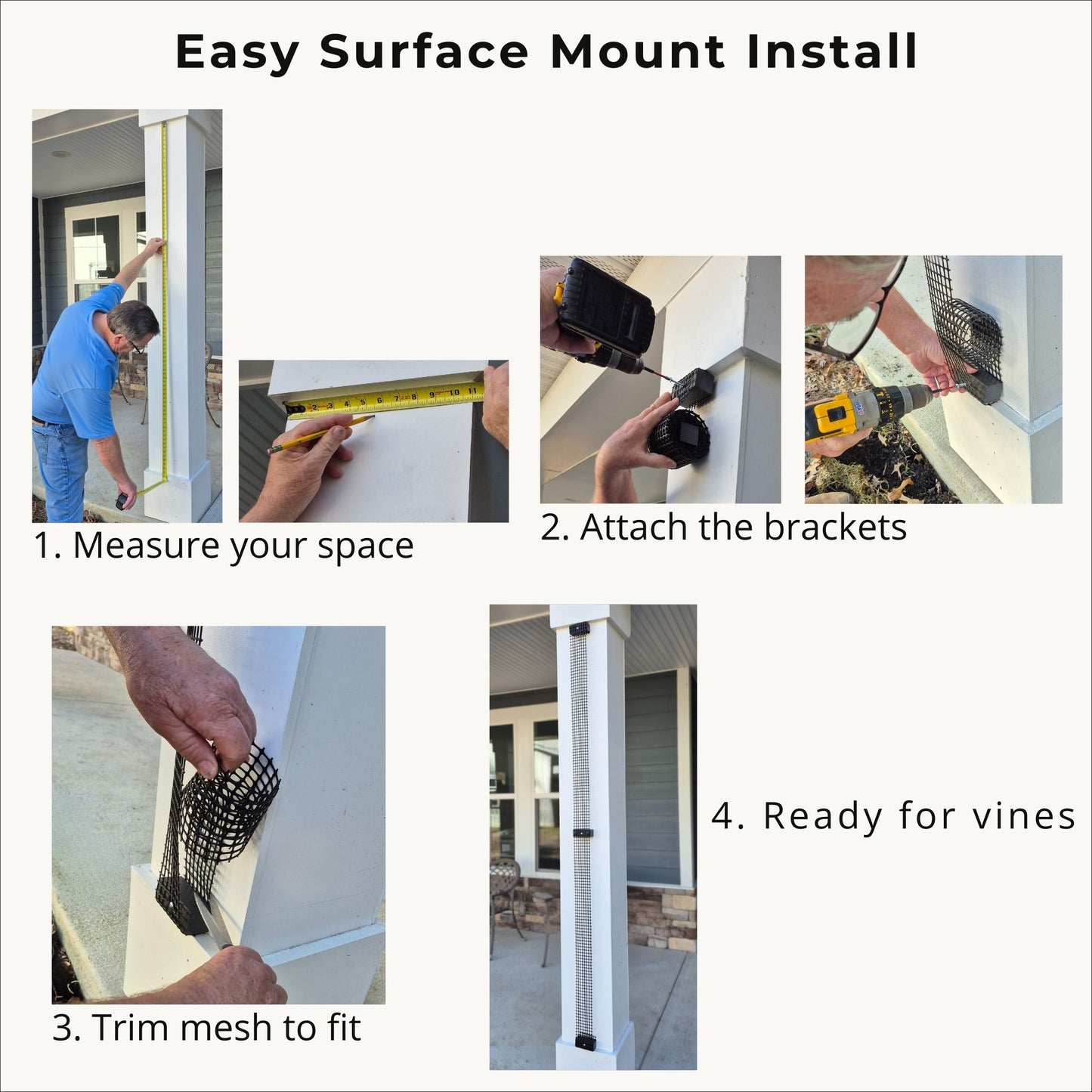 Installation steps showing how to surface mount the narrow trellis: measure space, attach brackets, trim mesh, and guide vines