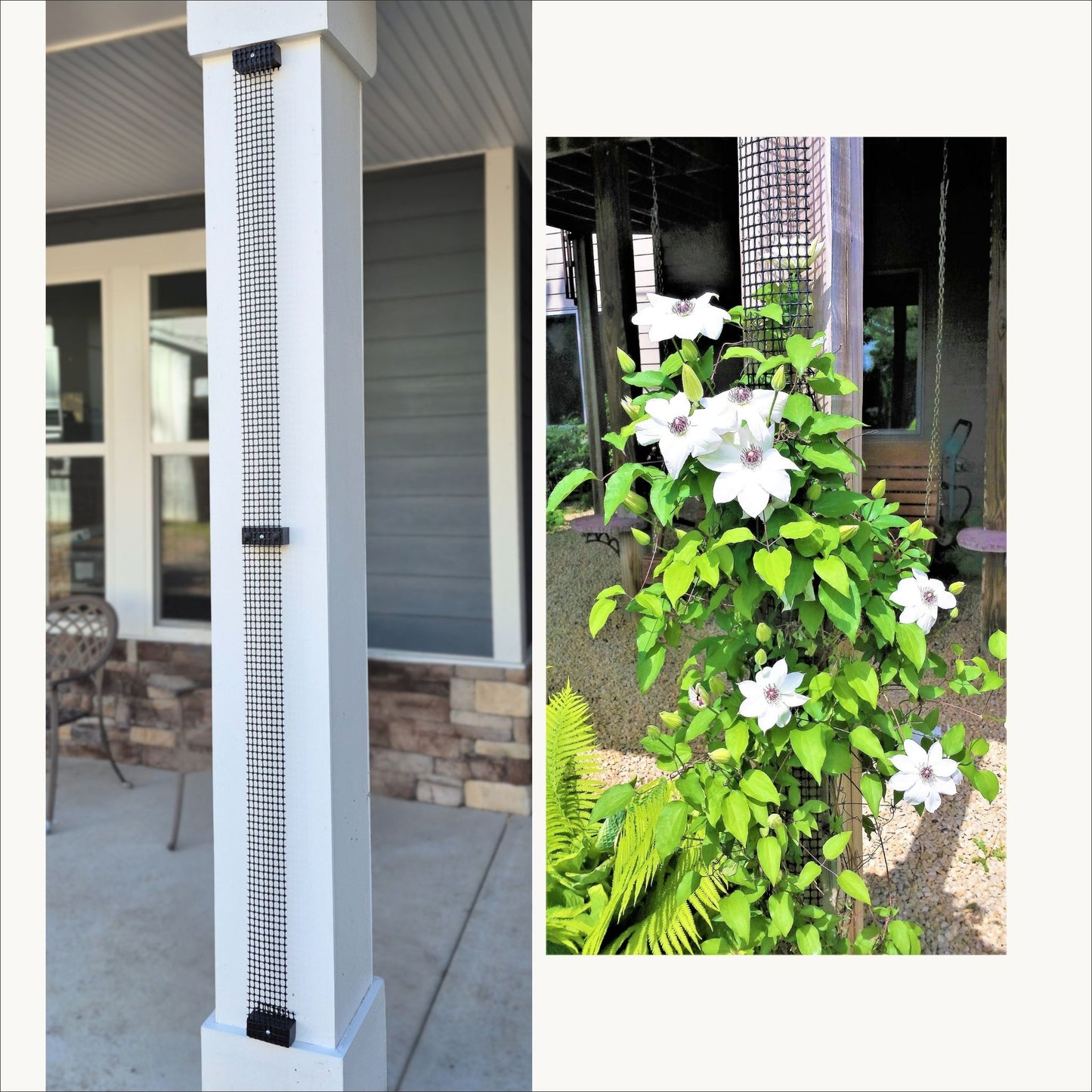 Narrow mesh trellis installed on a deck post with flowering vines climbing upward