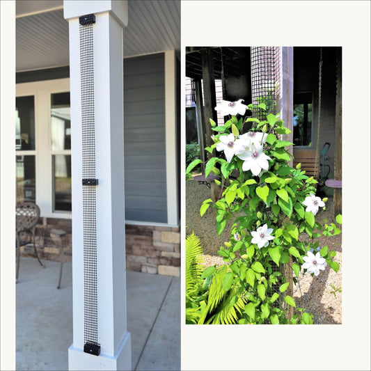 Narrow mesh trellis installed on a deck post with flowering vines climbing upward