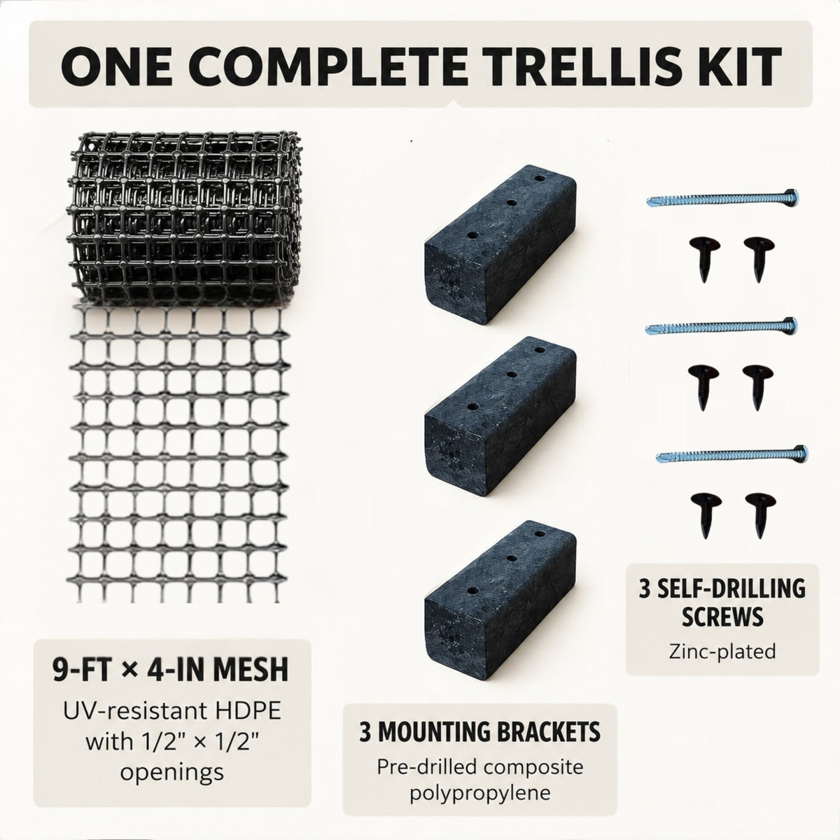 Scroll Trellis narrow trellis kit showing a roll of black mesh, three mounting brackets, and included screws and fasteners.