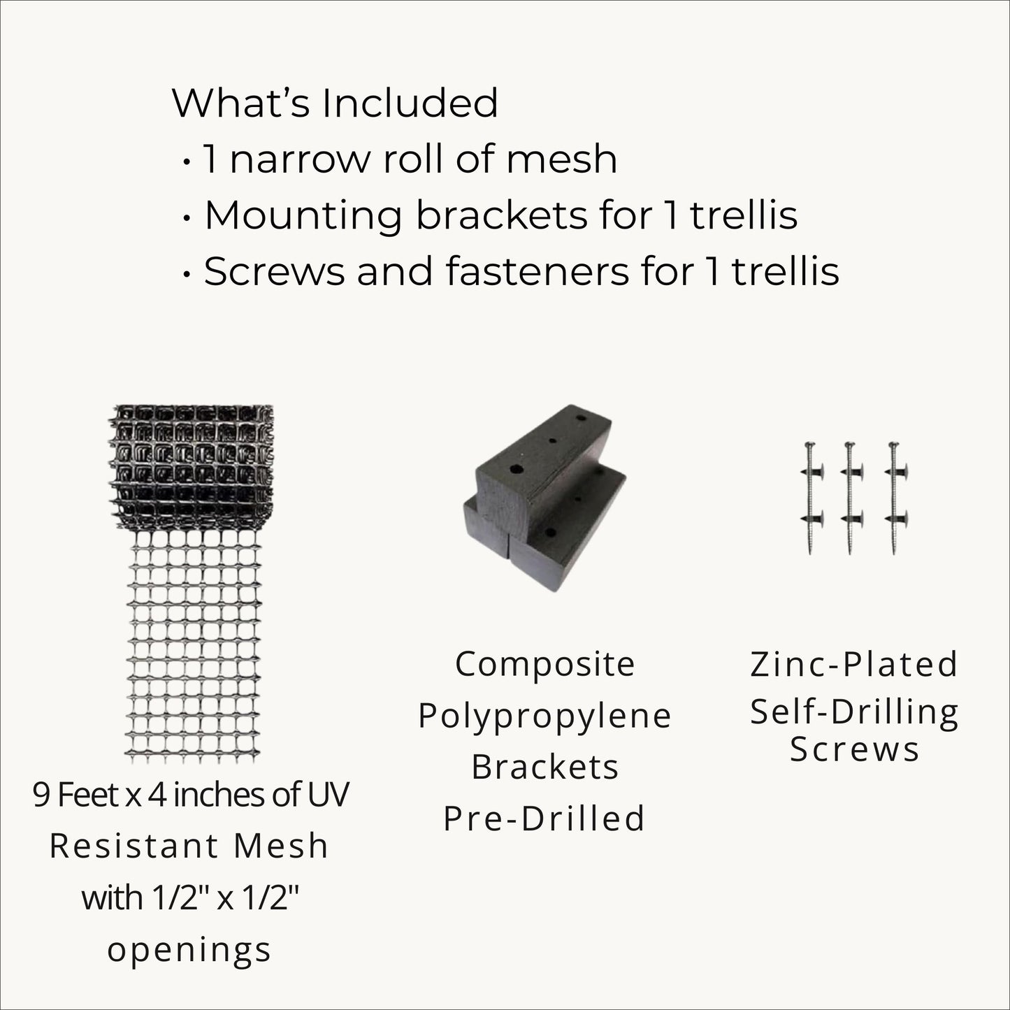 What’s included in the narrow trellis kit showing mesh panel, offset brackets, and mounting hardware