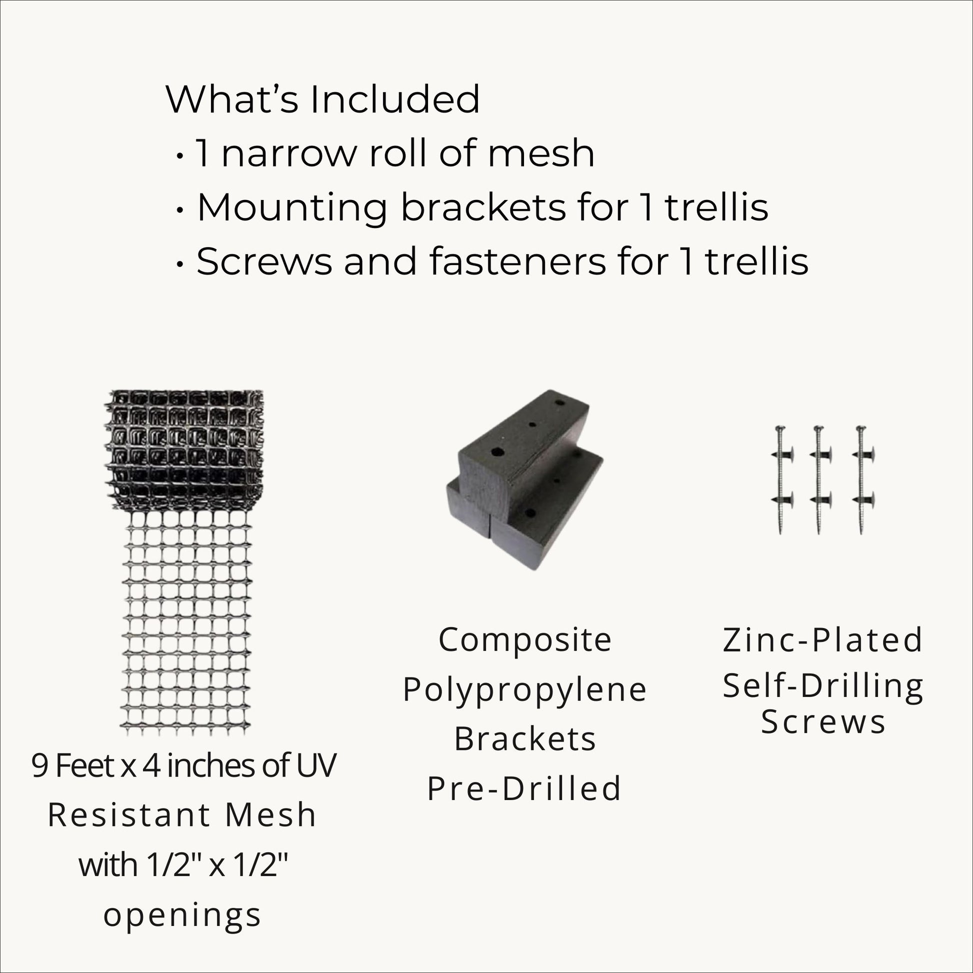 What’s included in the narrow trellis kit showing mesh panel, offset brackets, and mounting hardware