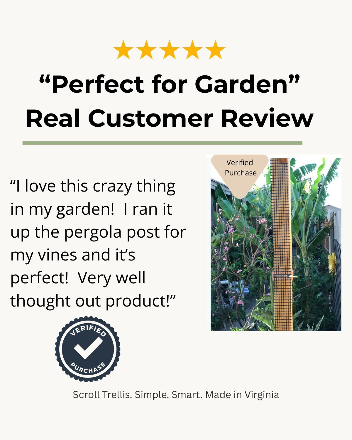 Customer review highlighting positive experience with the Downspout Trellis for climbing plants