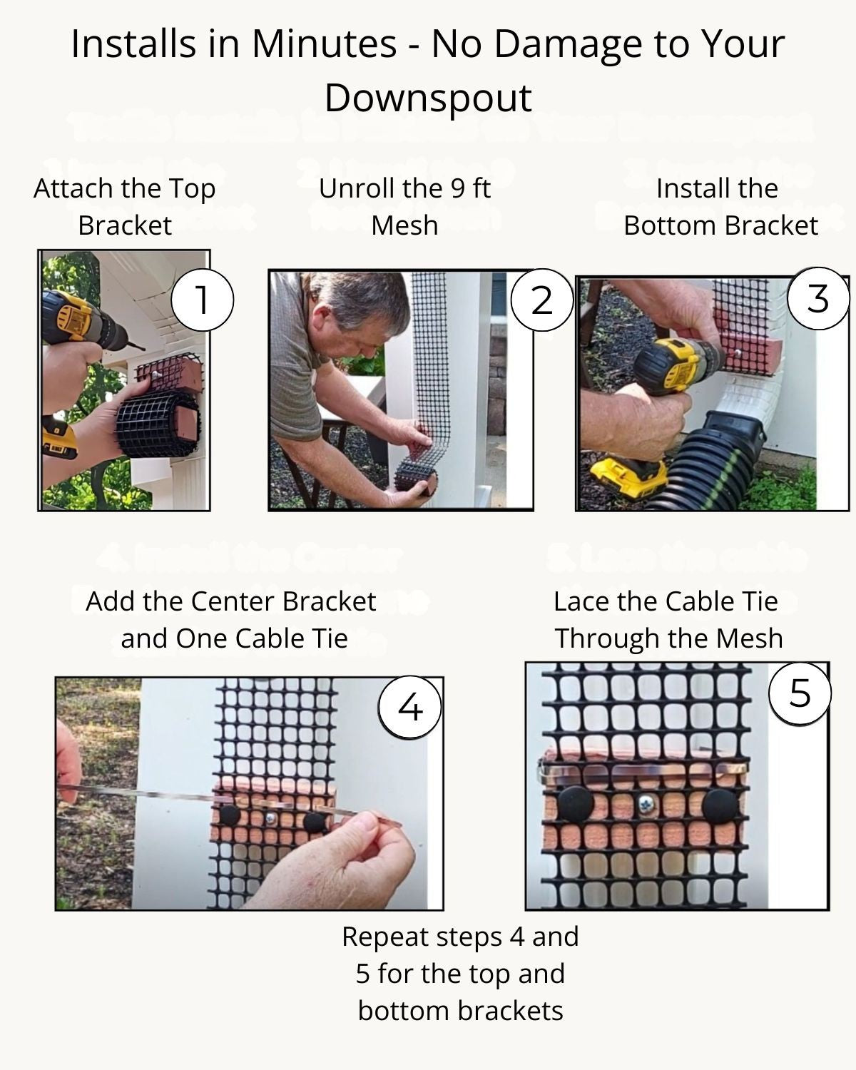 Step-by-step installation showing top bracket, mesh unrolling, bottom bracket, center bracket, and cable tie lacing