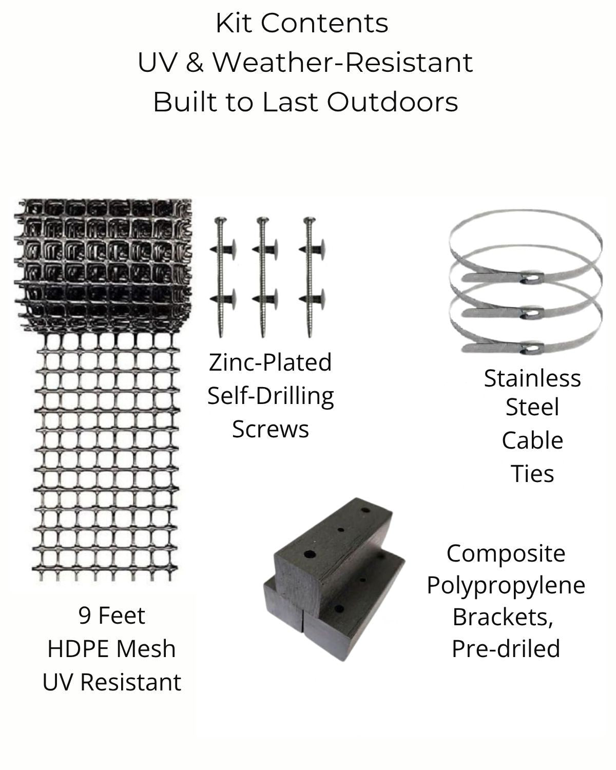 Downspout Trellis kit contents including HDPE mesh panel, offset brackets, screws, and stainless cable ties
