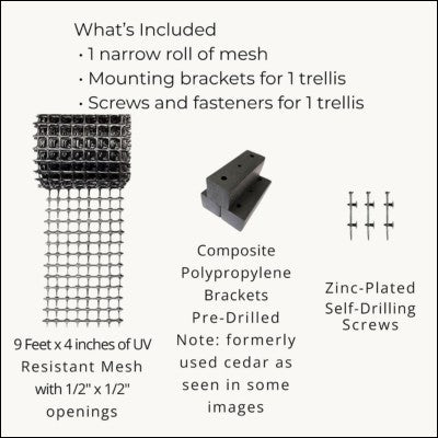 Scroll Trellis Narrow Trellis kit with mesh panel, three mounting brackets, screws, and fasteners.