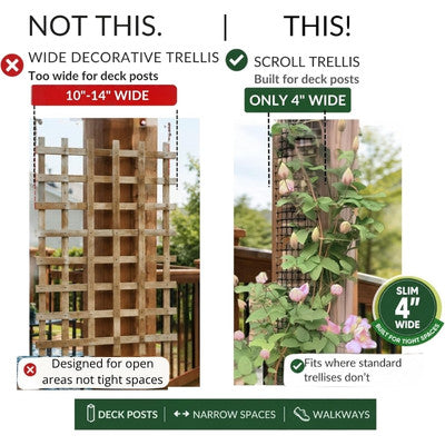Comparison showing how Scroll Trellis fits narrow spaces while traditional trellises are too wide for deck posts and columns.