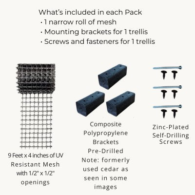 Scroll Trellis deck post kit pack contents including HDPE mesh, composite mounting blocks, screws, and installation hardware.