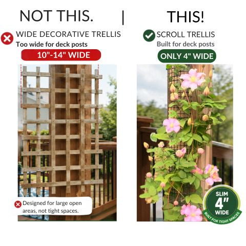 Comparison of decorative trellis that is too wide versus Scroll Trellis narrow trellis designed to fit tight spaces on posts and siding
